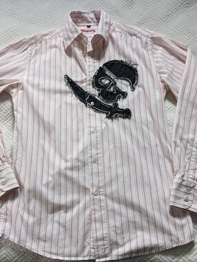 Dragonfly Shirt Men's Medium Red Stripe White Black Skull Y2K Pirate Button Up